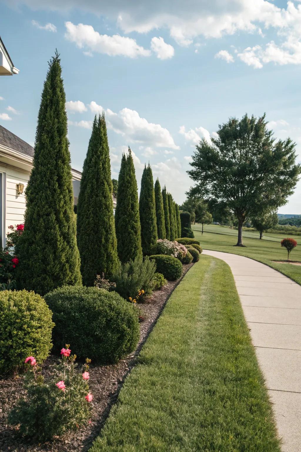 Evergreen shrubs lending their year-round verdant charm.