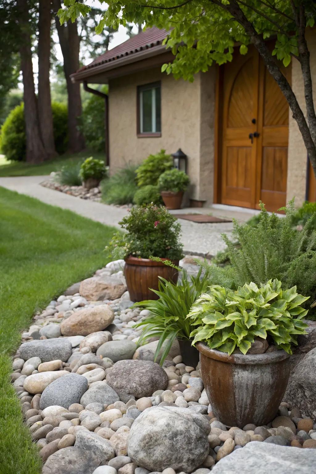 Potted plants tastefully arranged on a stone setting.