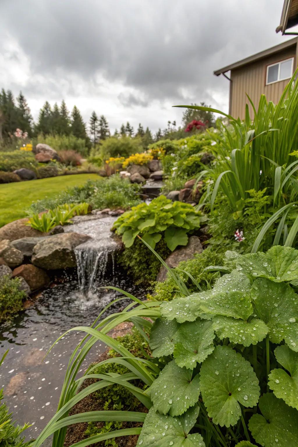 Rain gardens optimize natural precipitation effectively.