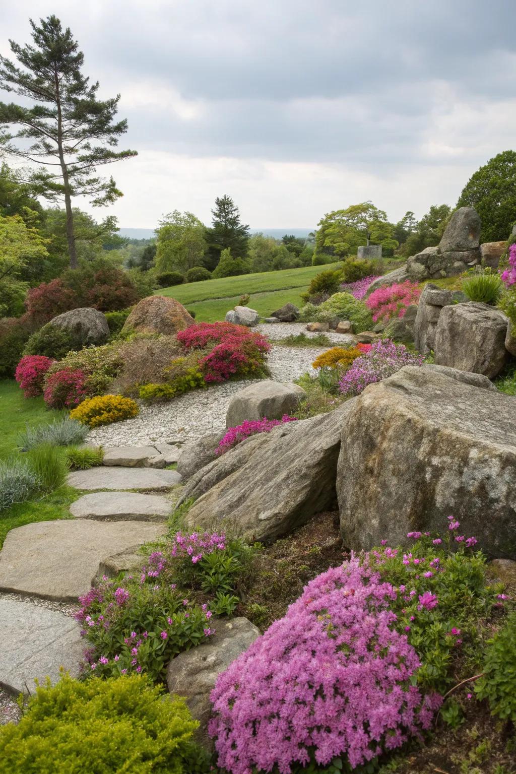 Organic rock accents adding drama and beauty to a perennial garden.