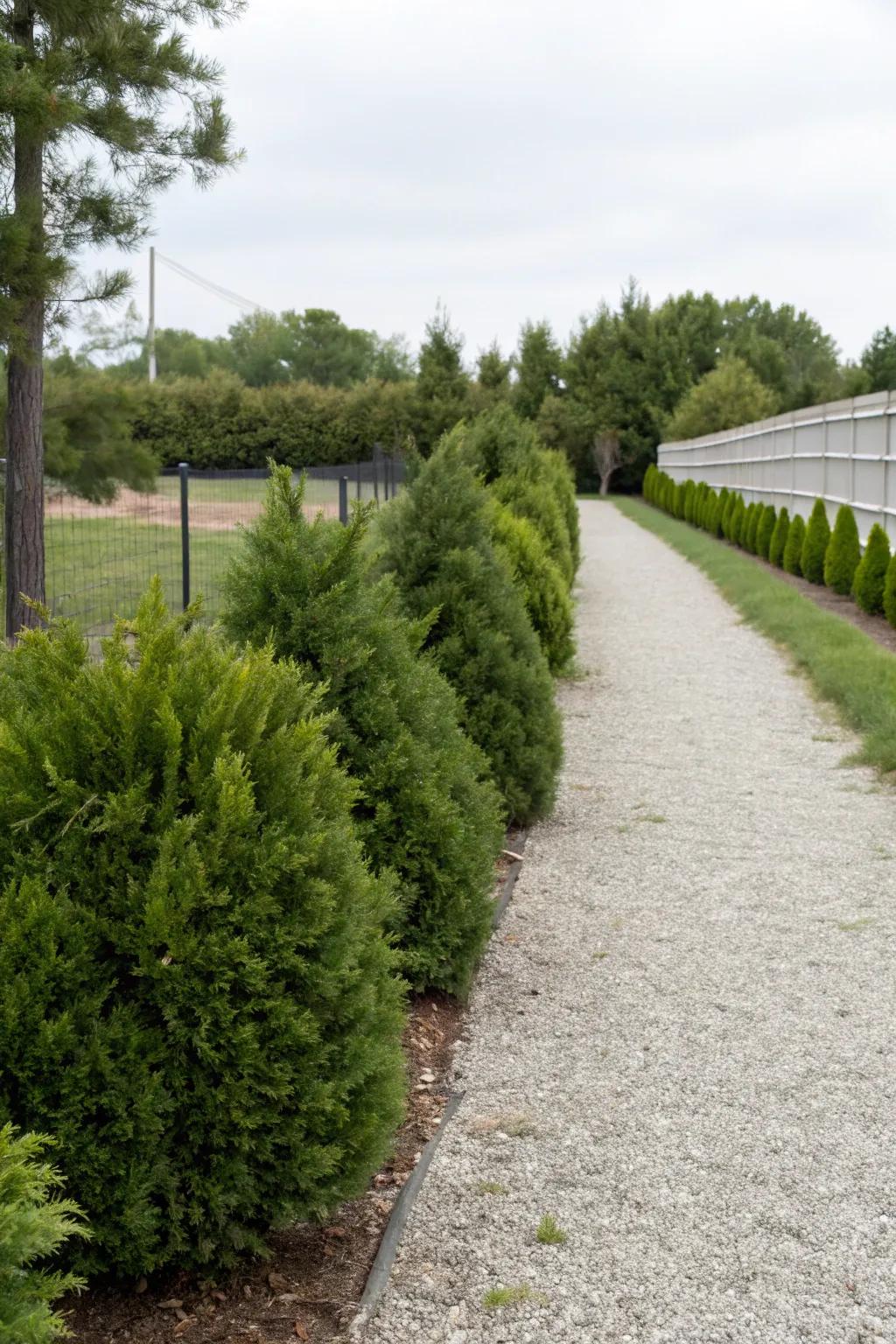 Evergreen bushes add shape without much work.
