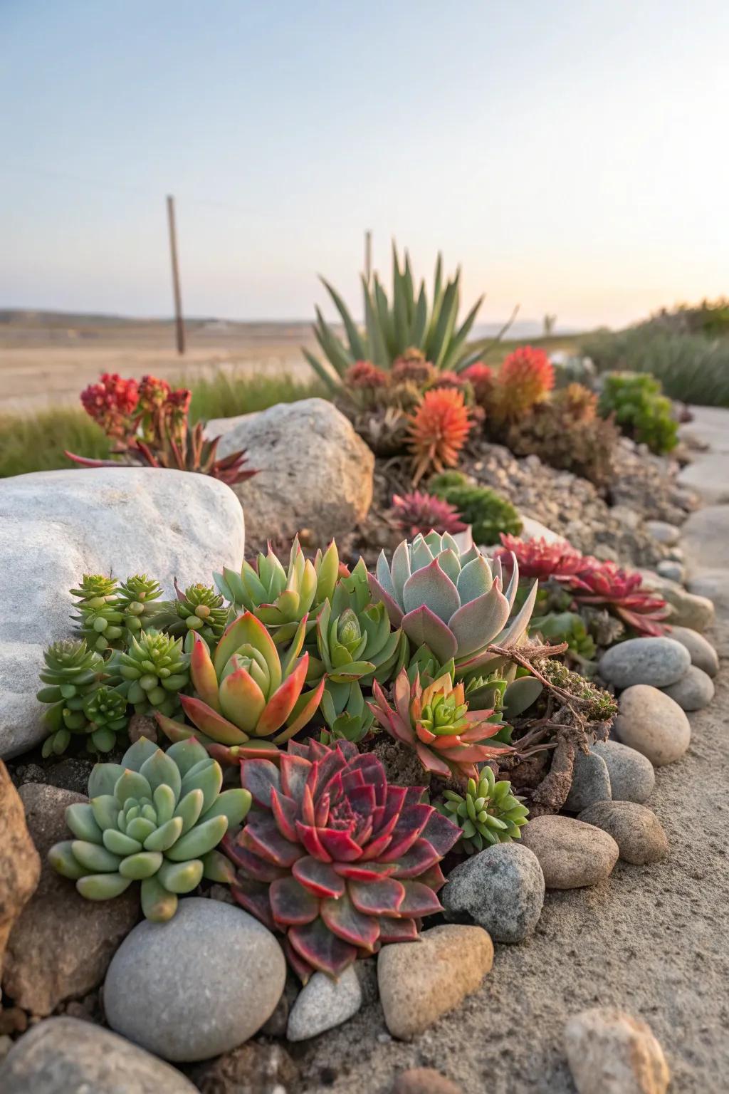 Fleshy plants arranged amid stones to form an eco-friendly garden arrangement.