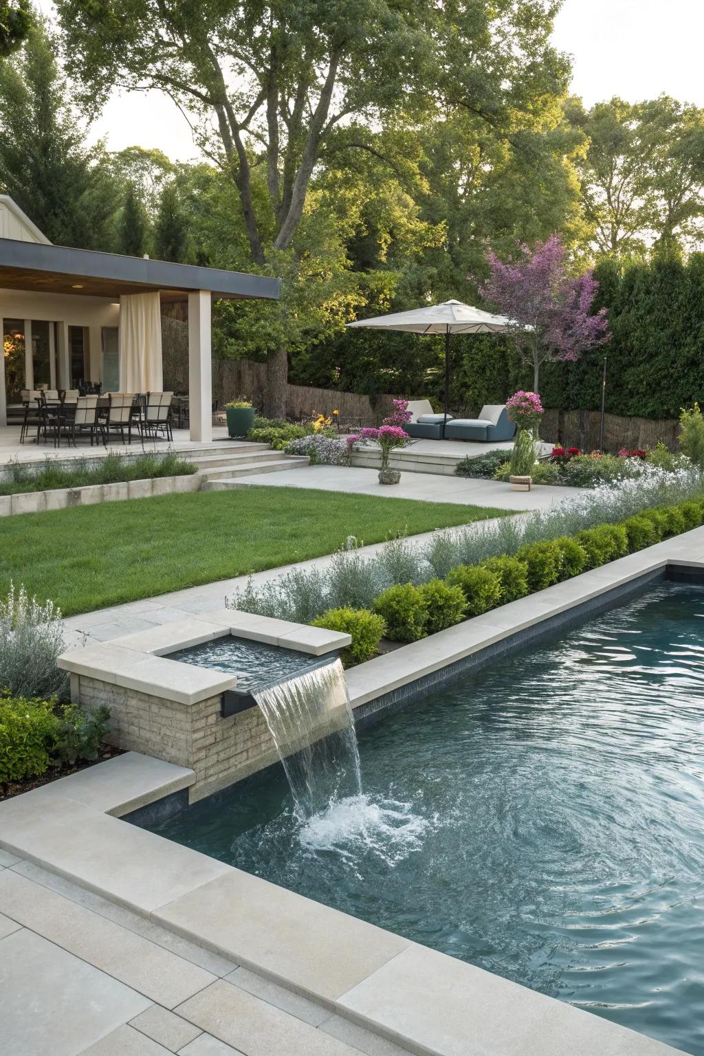 A contemporary swimming pool complemented by sophisticated landscaping.