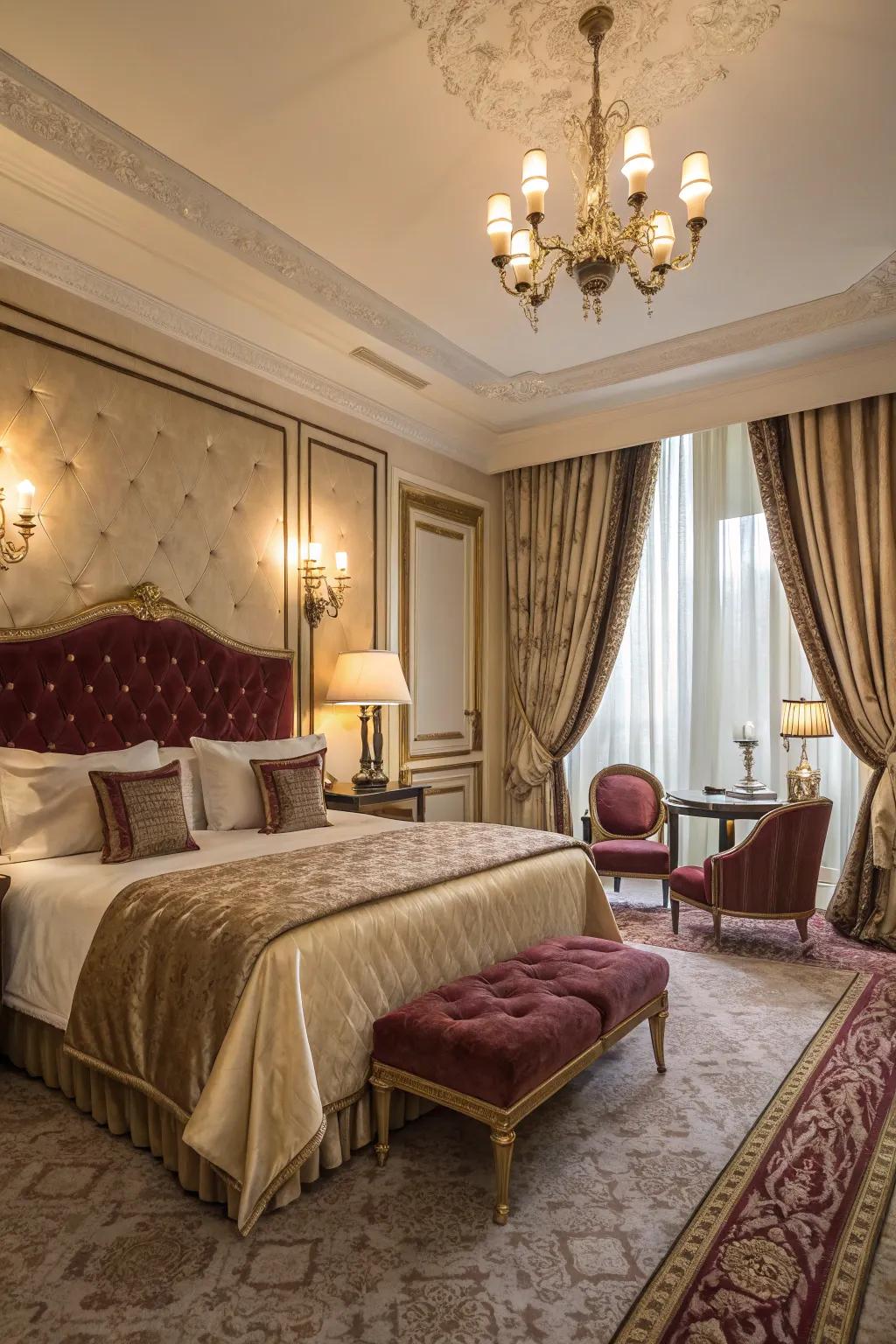 A deluxe bedroom displaying abundant silk and velvet textures.