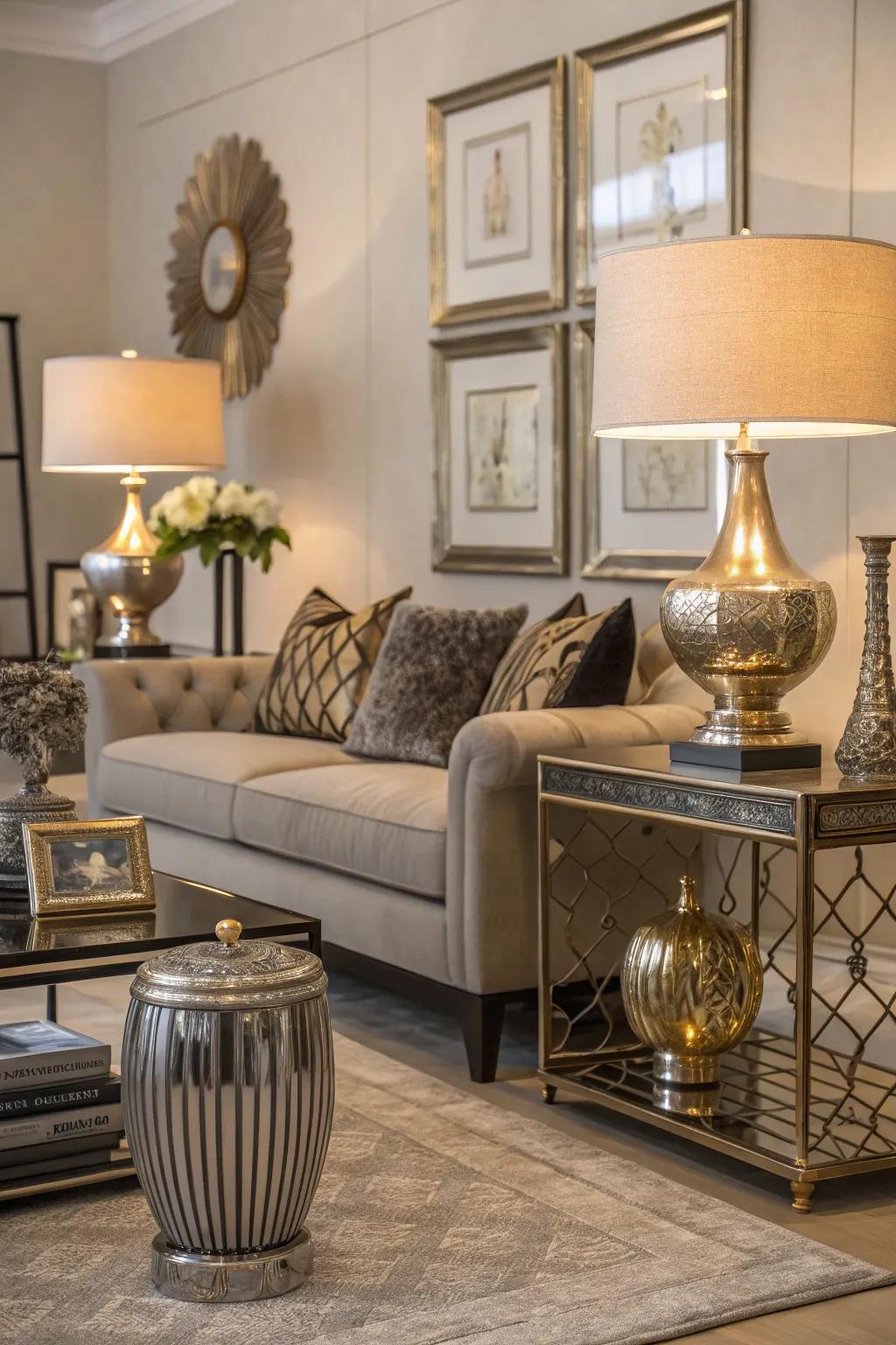 Shimmering metallic accents provide a touch of glamor to this living space.