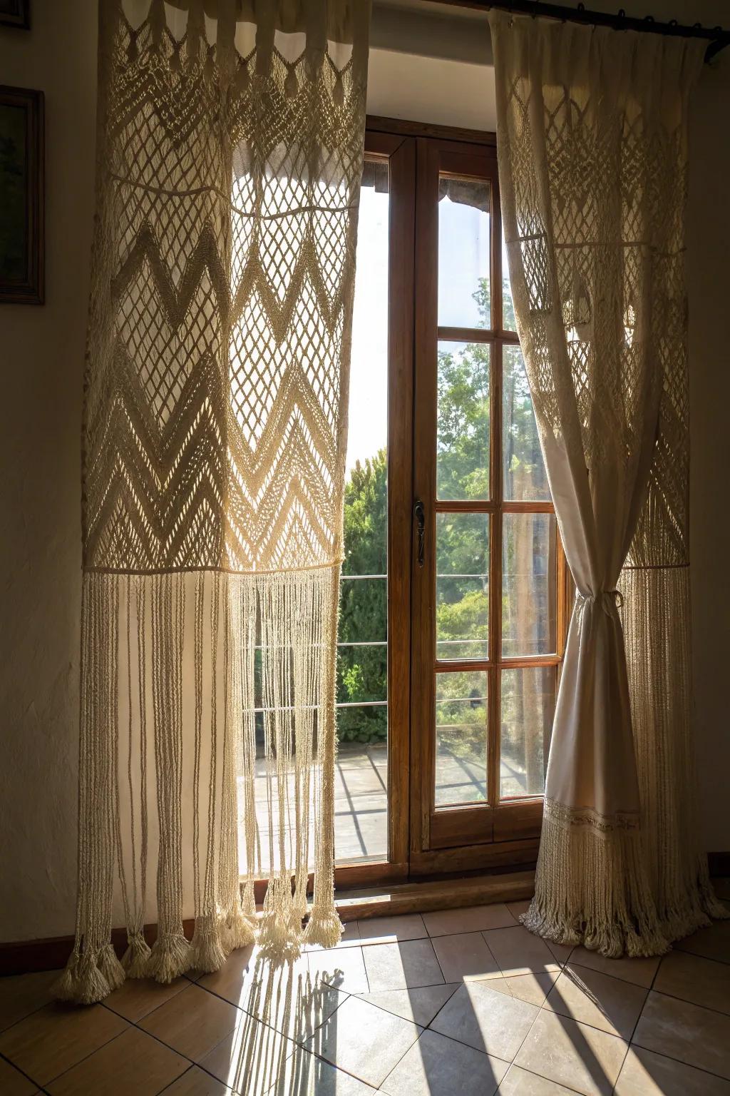 Macrame window coverings introducing a subtle, romantic sensation to a personal space.