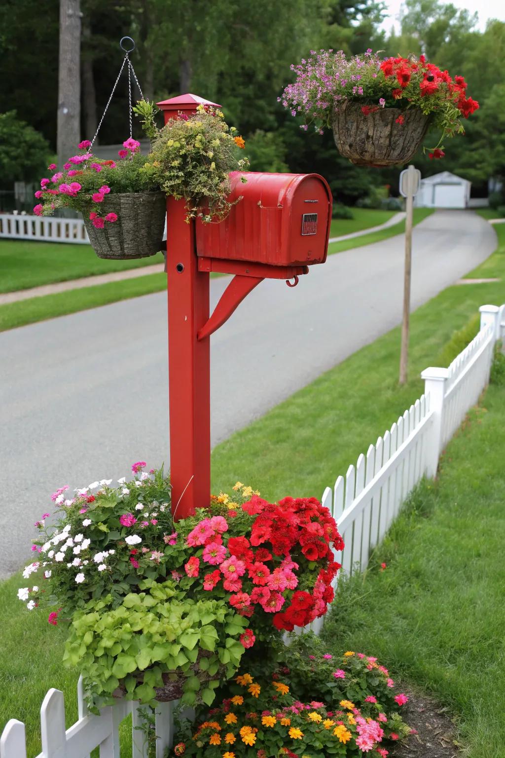 Hanging baskets introduce vertical interest and allure to your mailbox.