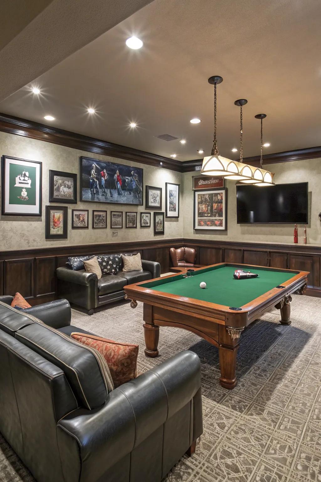 A billiards table adds a playful element to the man cave.