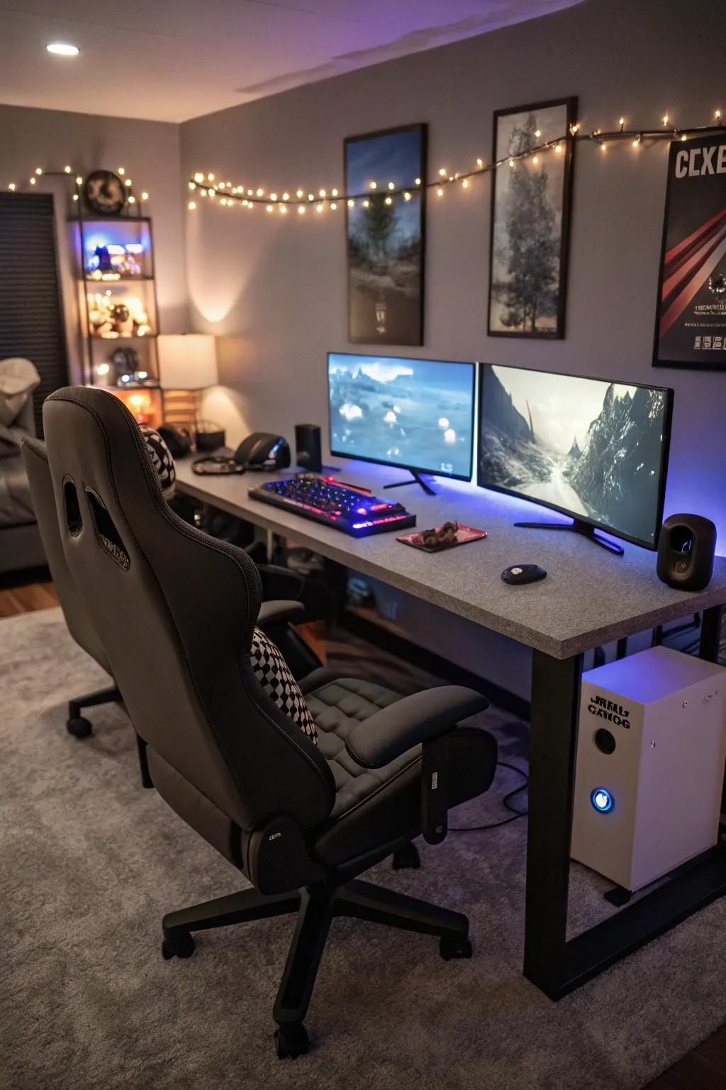 A gaming paradise equipped with ergonomic seating and multiple displays.