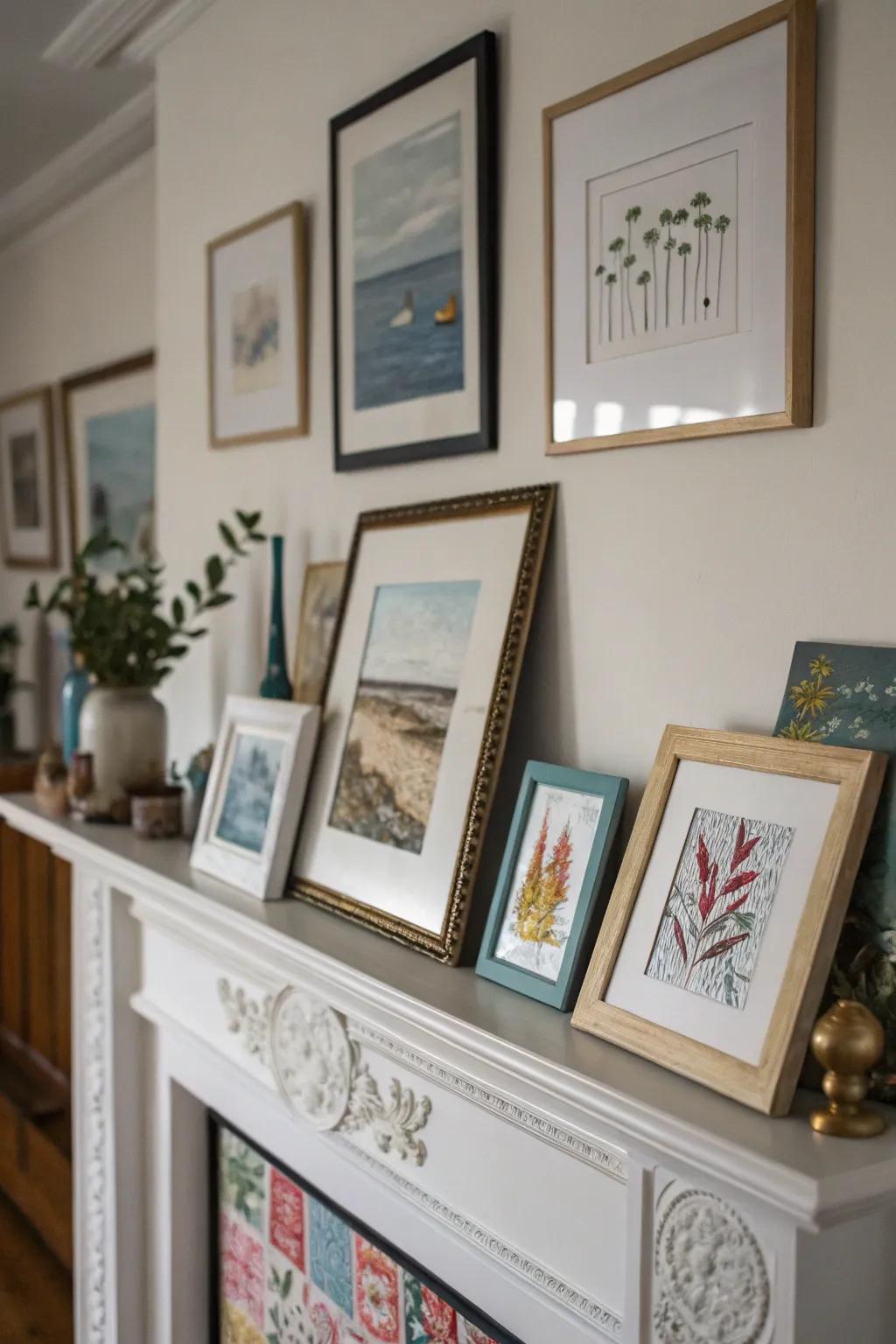 A collection of artwork contributes a tailored and animated aspect to this mantel.