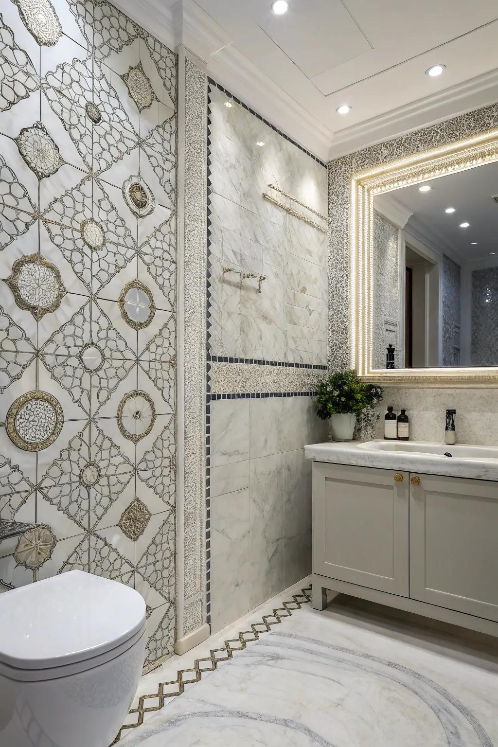 Intricate marble mosaics lend texture and visual interest to this bathroom.