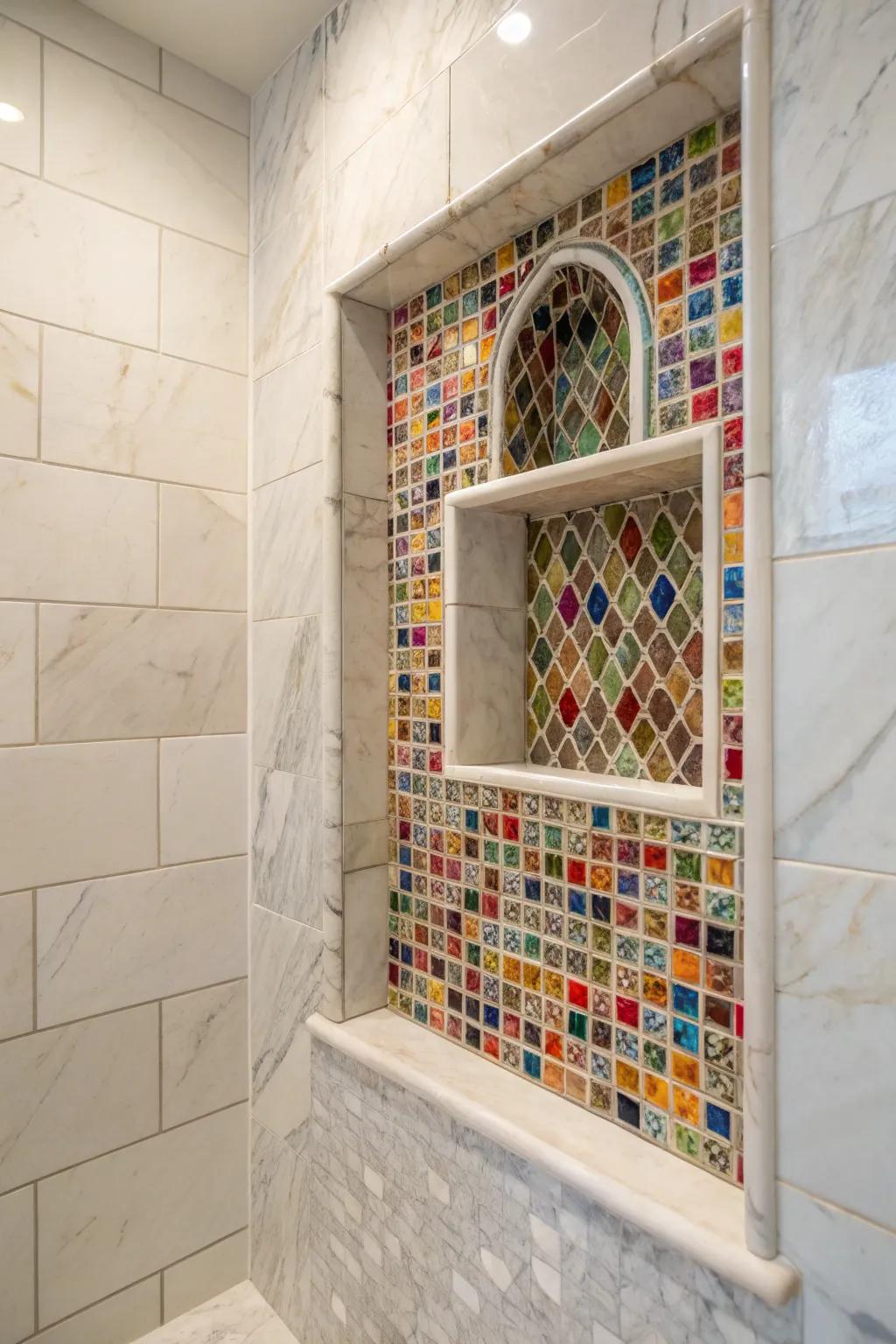 Mosaic tiles within a stone alcove create a stunning focal point.