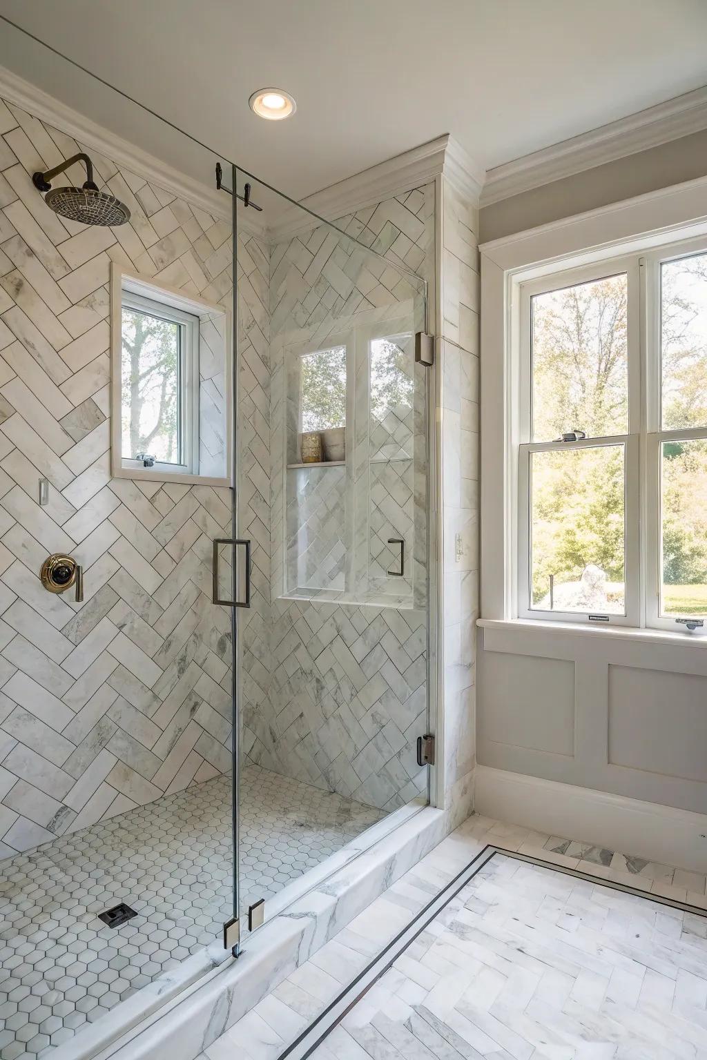 Chevron layouts bring vibrant sophistication to your shower.