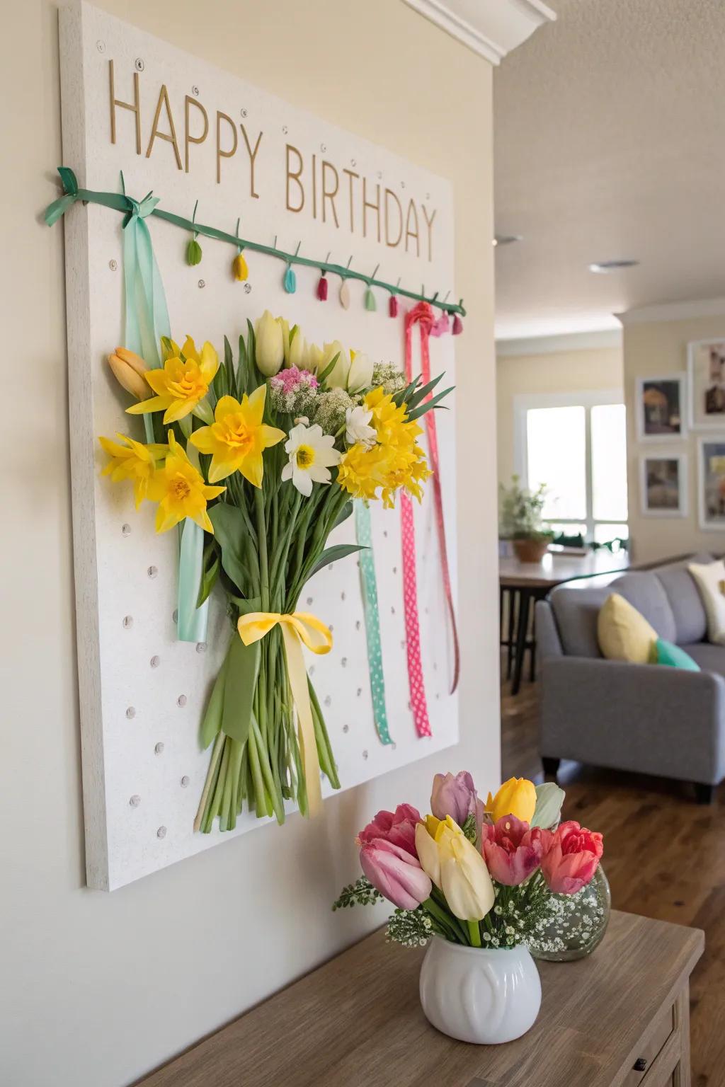 Celebrate spring using a birthday arrangement decorated with lovely blossoms.