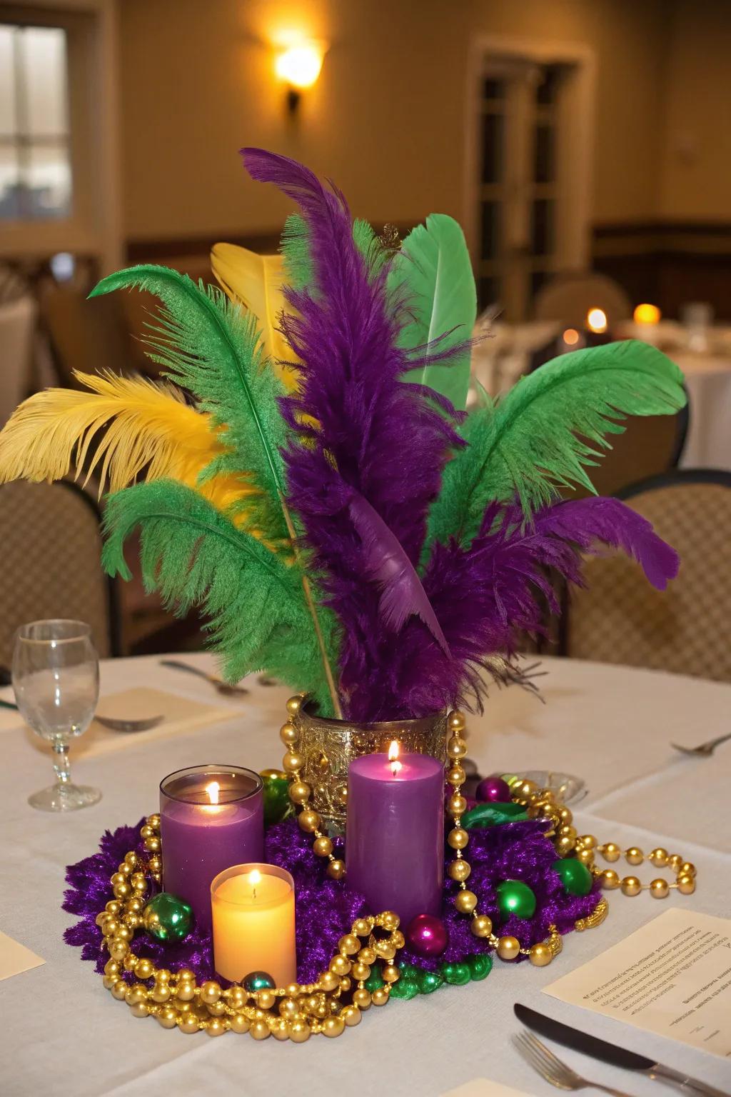 Revamp your table with a plume-themed Carnival centerpiece.