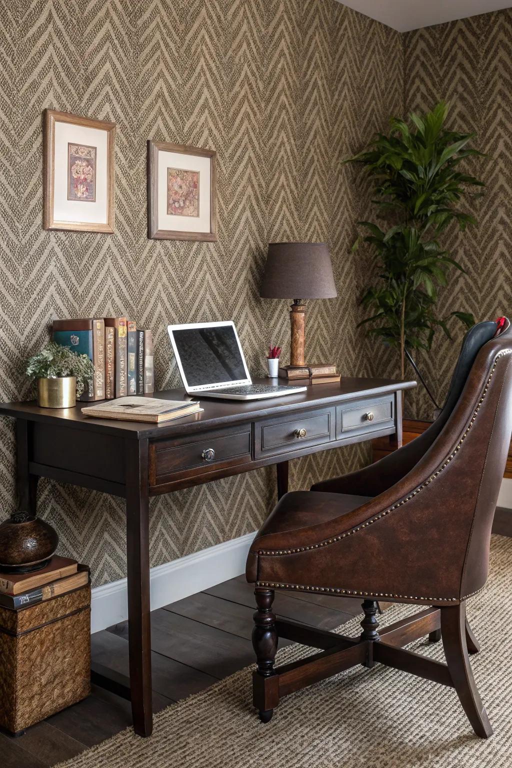 Woven fabric wallpaper introduces a refined visual texture.