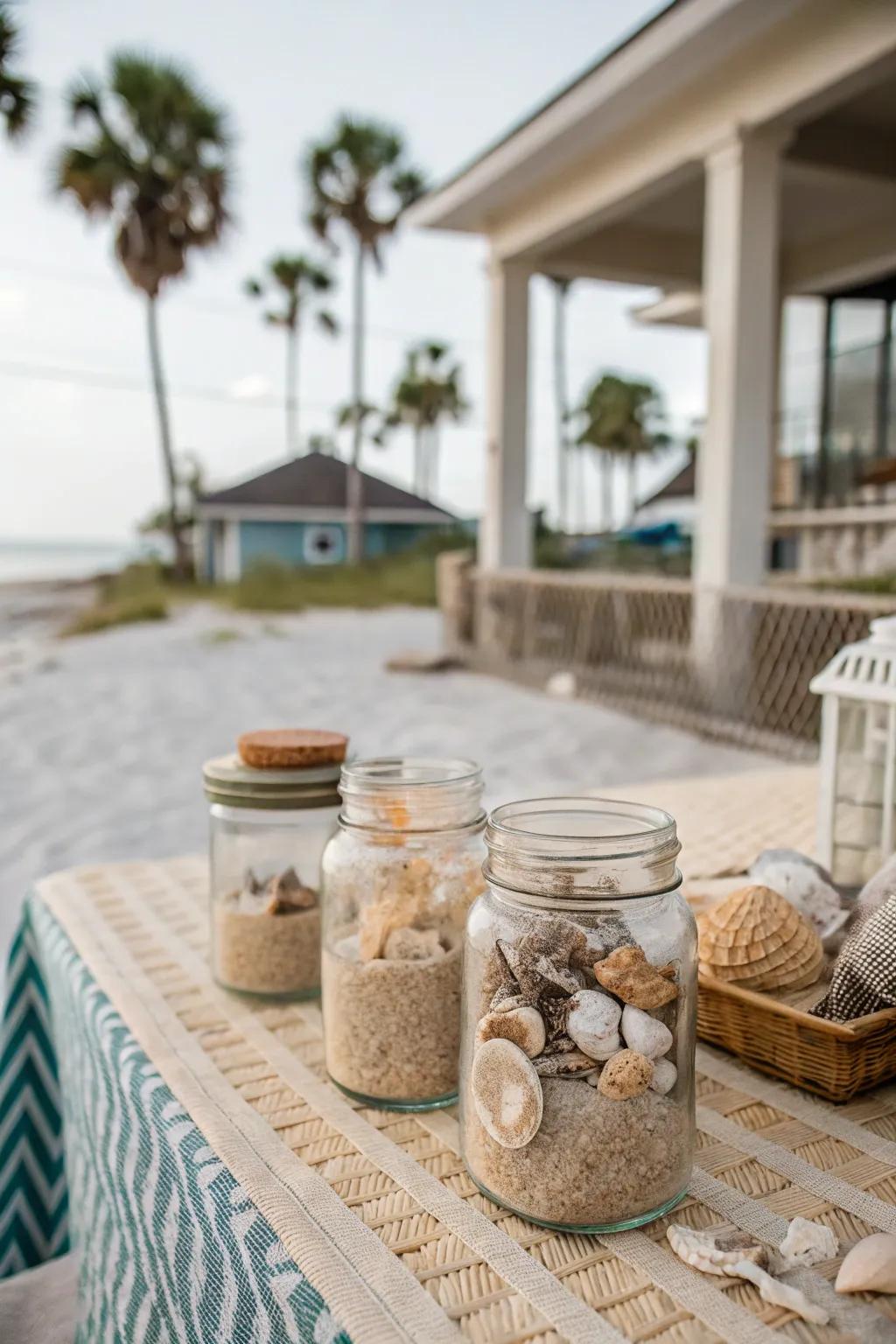 Beach-inspired utility canister centerpieces with ground and shells.