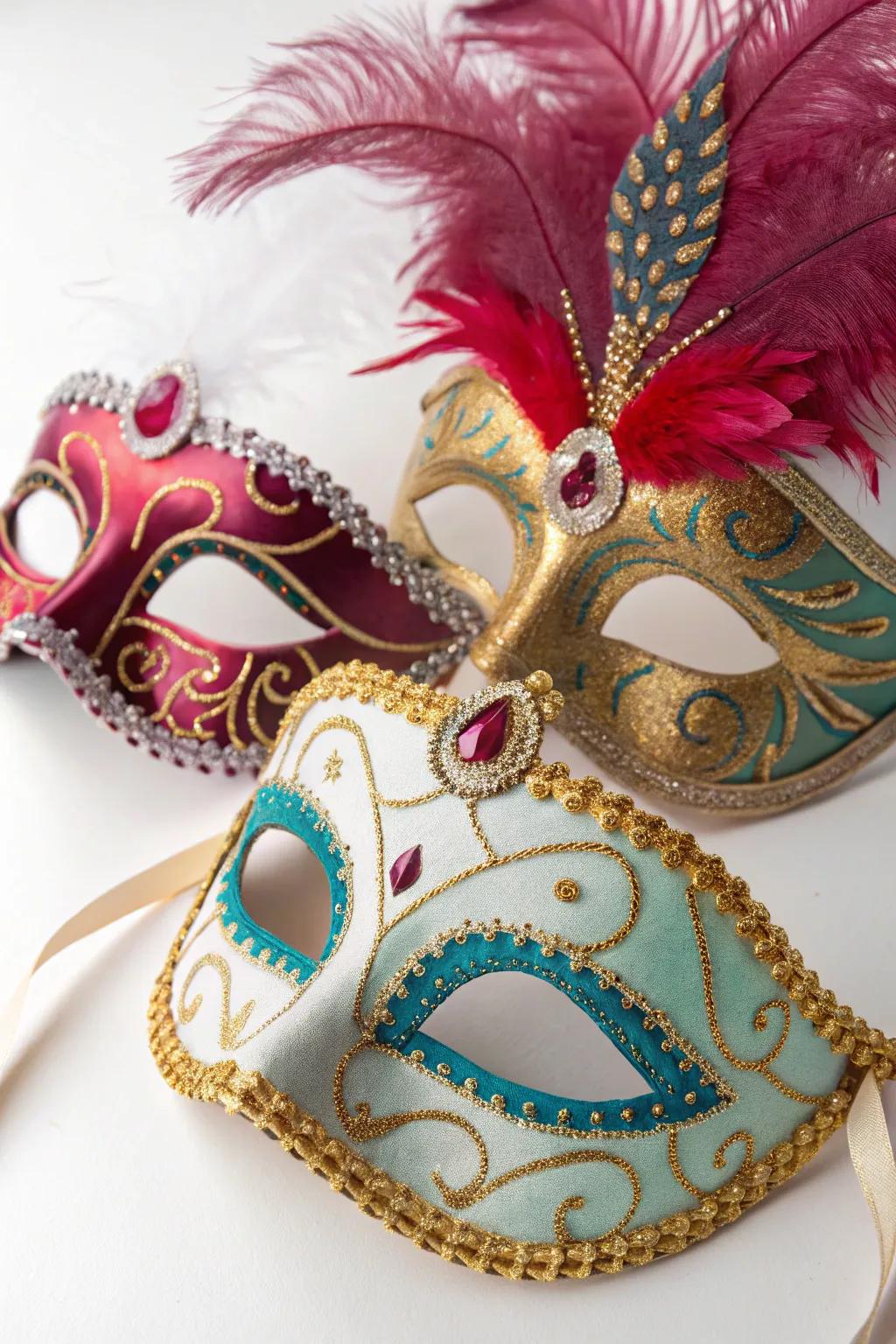 Intricate masquerade masks ideal for a quinceañera.