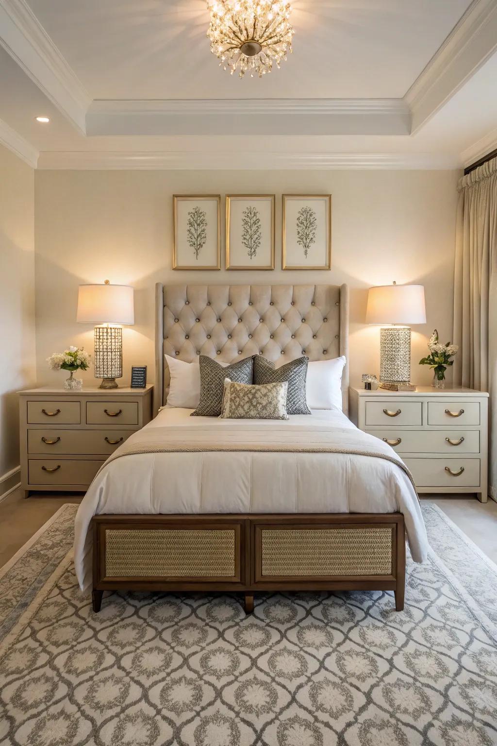 Symmetrical bedside tables add both harmony and utility to the bedroom.