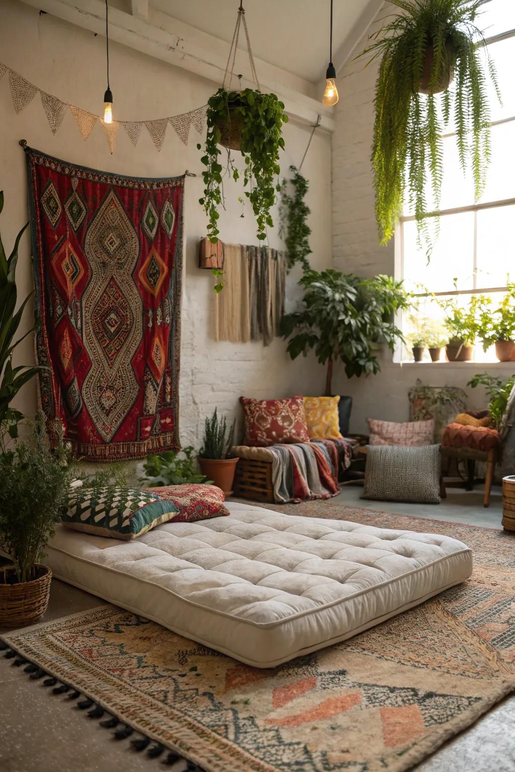 Accept free-spirited vibes with flora and striking fabrics.