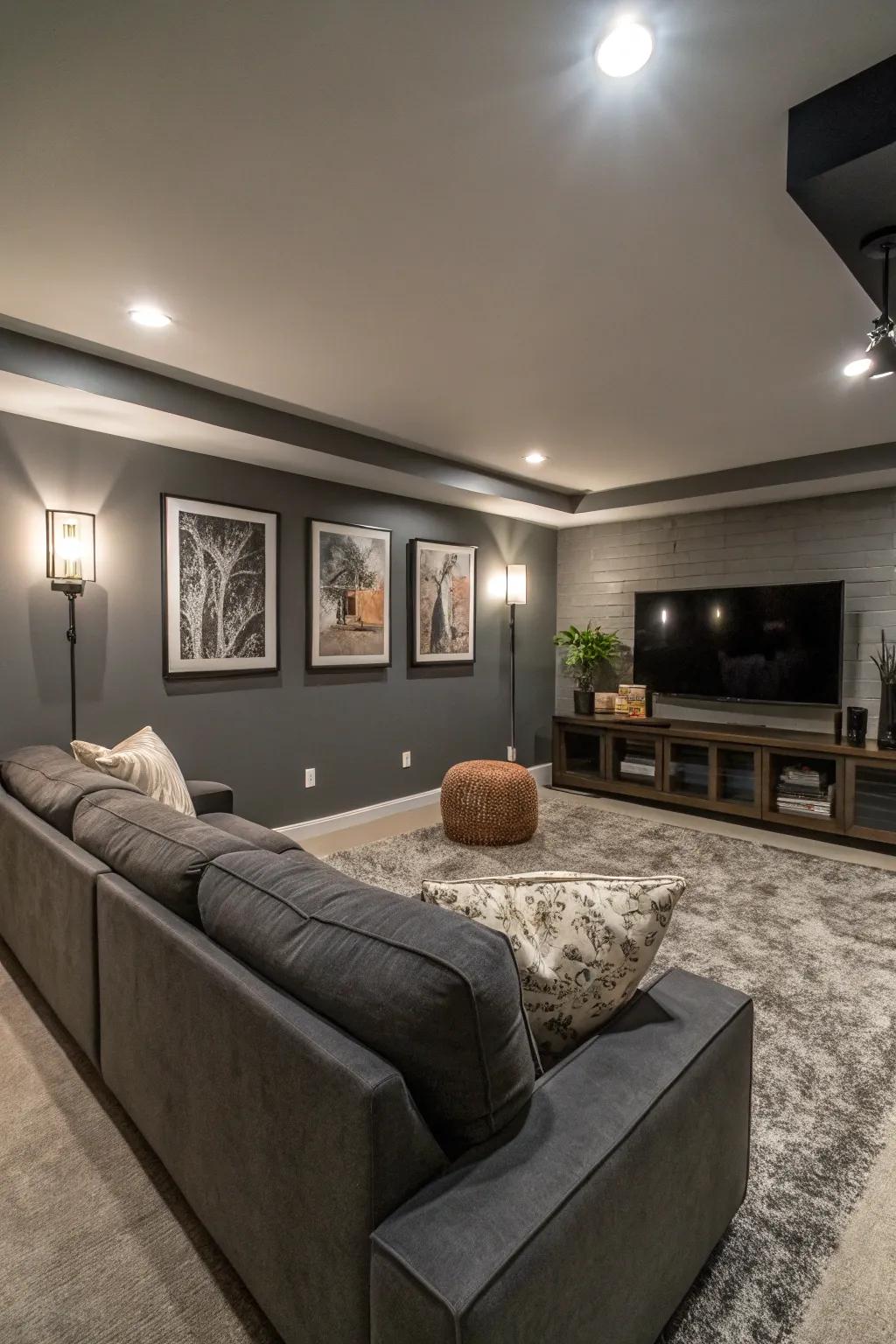 A sleek media room with slate gray walls, embodying modern minimalism.