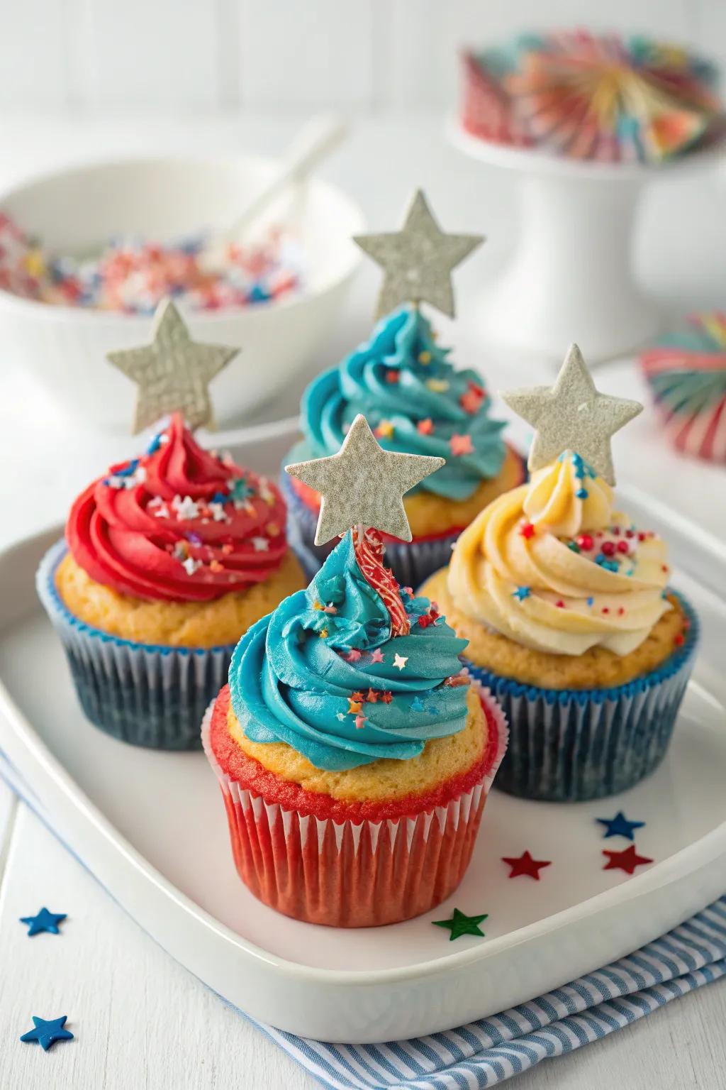 Cupcakes embellished with star themes and patriotic colors, making for an enjoyable treat.