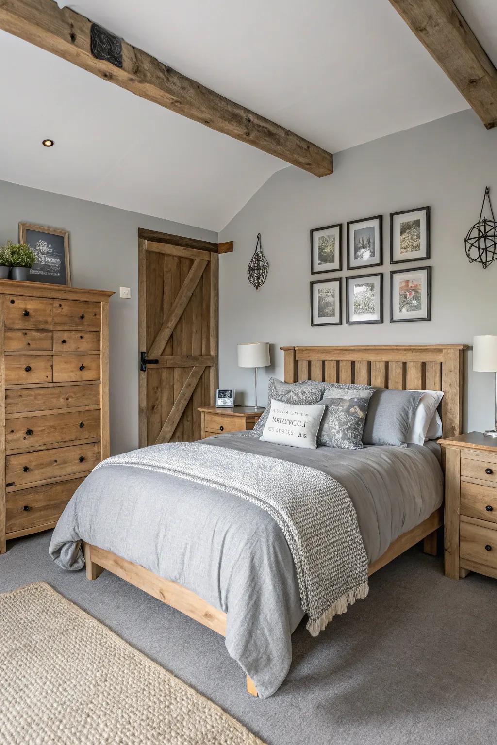 In this welcoming bedroom, rustic wood adds warmth to grey shades.