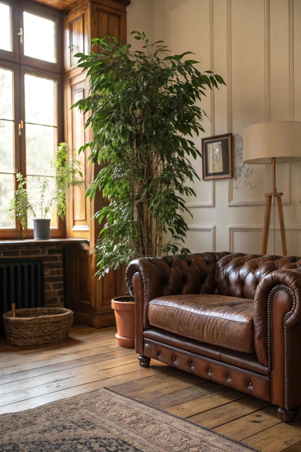 Indoor plants introduce a refreshing element to a masculine environment.