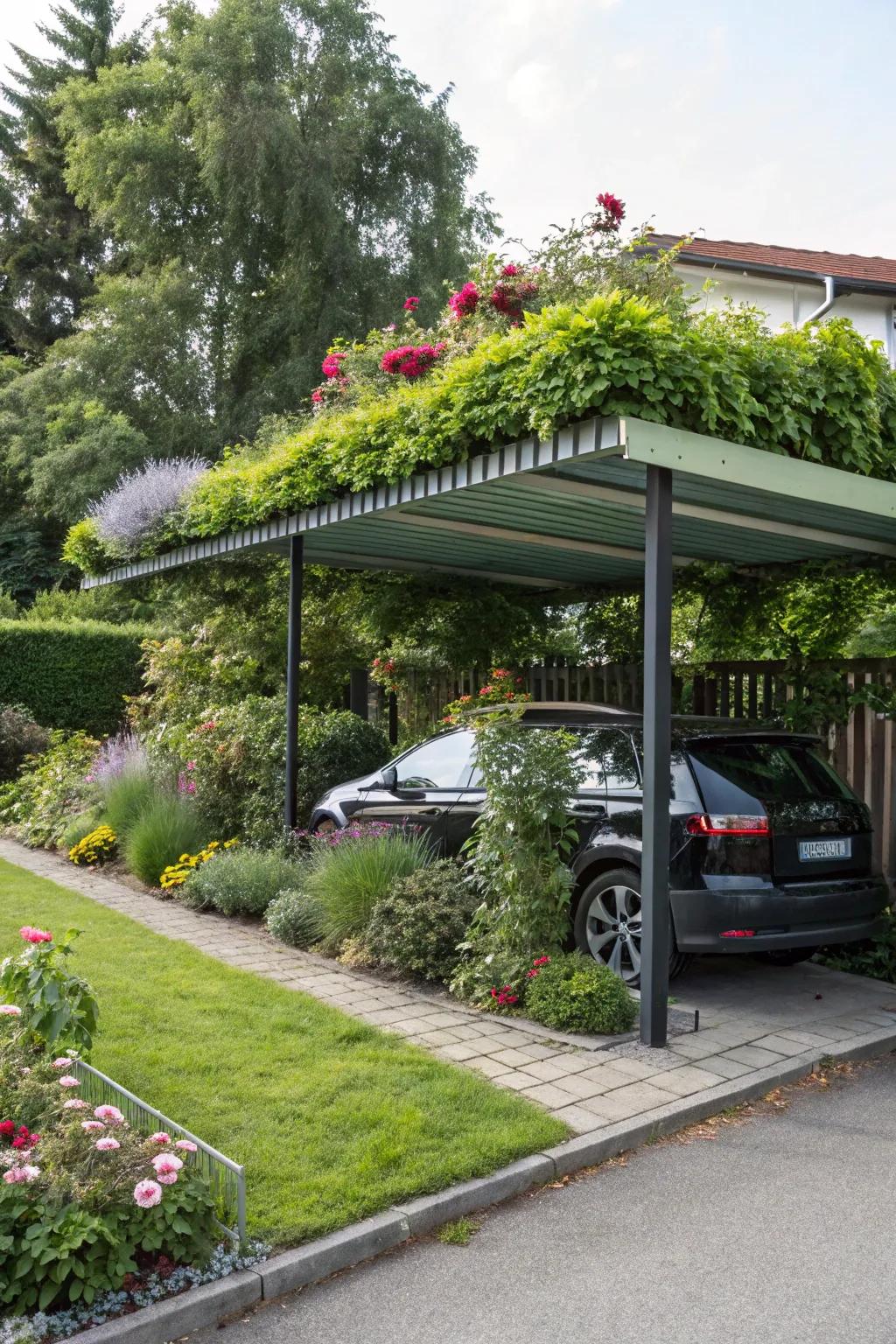 A green roof atop a carport creates a lively and eco-conscious focal point.