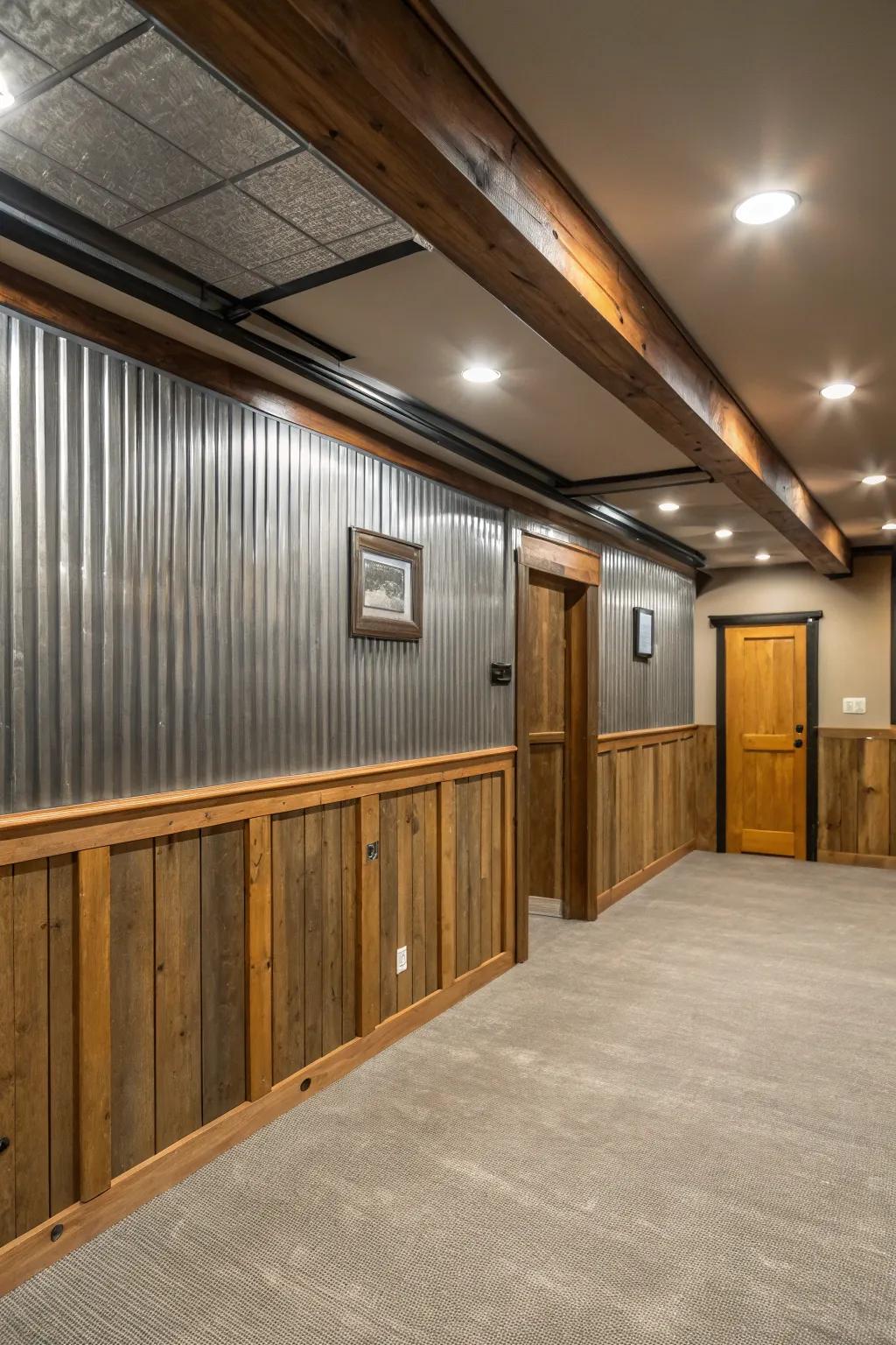 Develop a contemporary and pleasant lower level using metallic wall paneling.