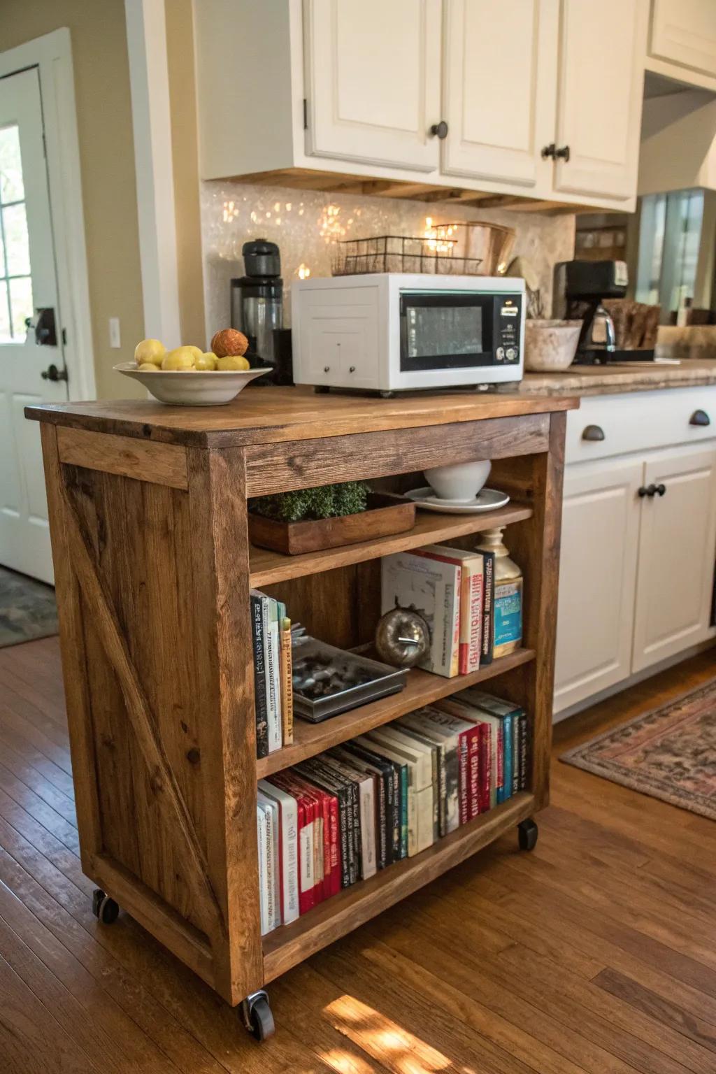 Infuse charm into your space with a rustic wood microwave cart.