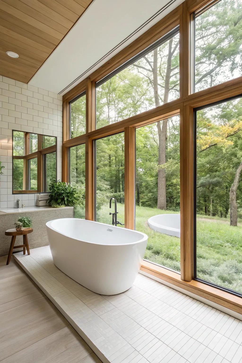This freestanding tub serves as an artistic focal point in the bathroom.
