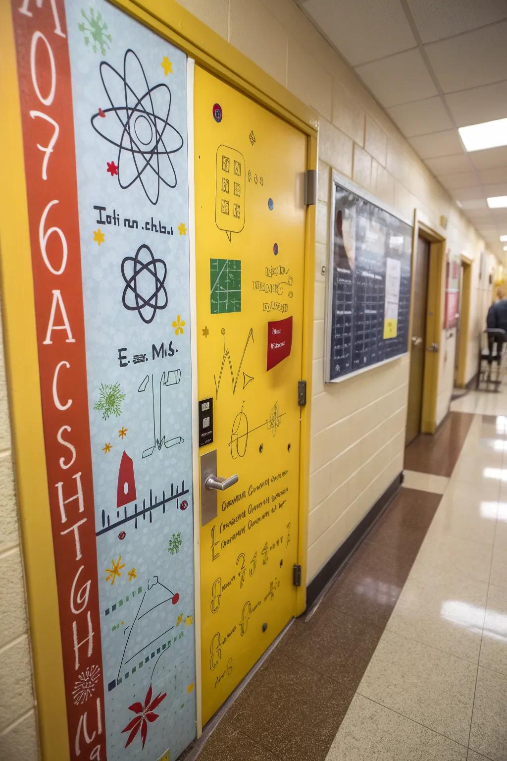 Instructional themes such as mathematics and scientific aspects inventively exhibited on a classroom door.