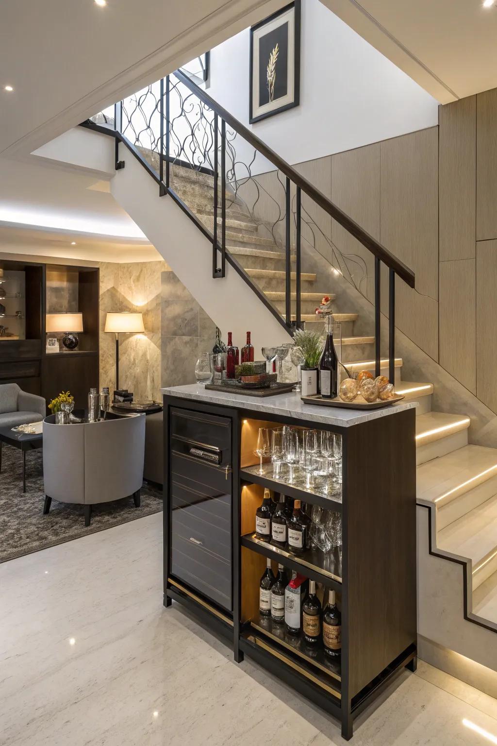 A home bar under the staircase maximizes space efficiency while adding unexpected style.