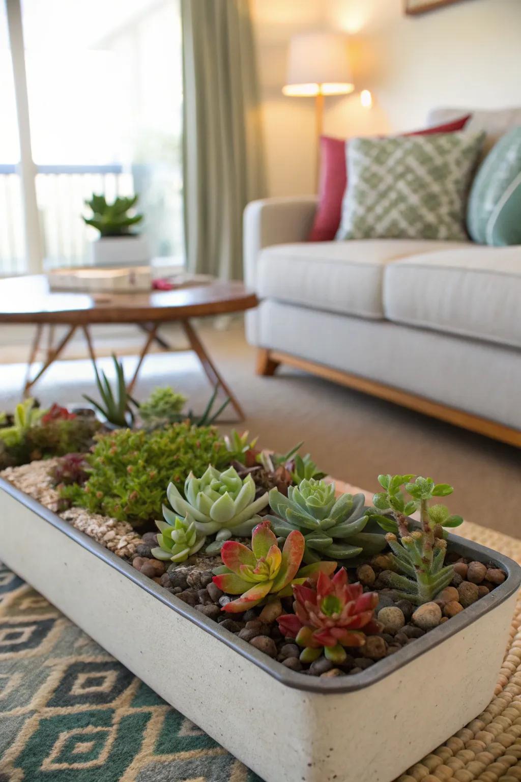 A stunning presentation of varied succulents in an elegant container.