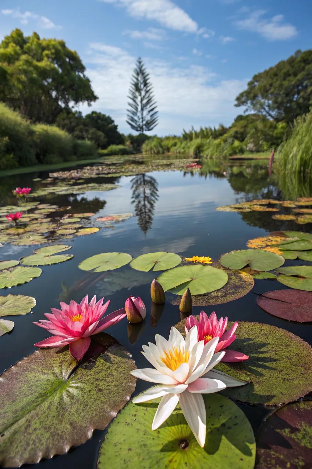 Vibrant drifting blooms enrich any miniature pond.