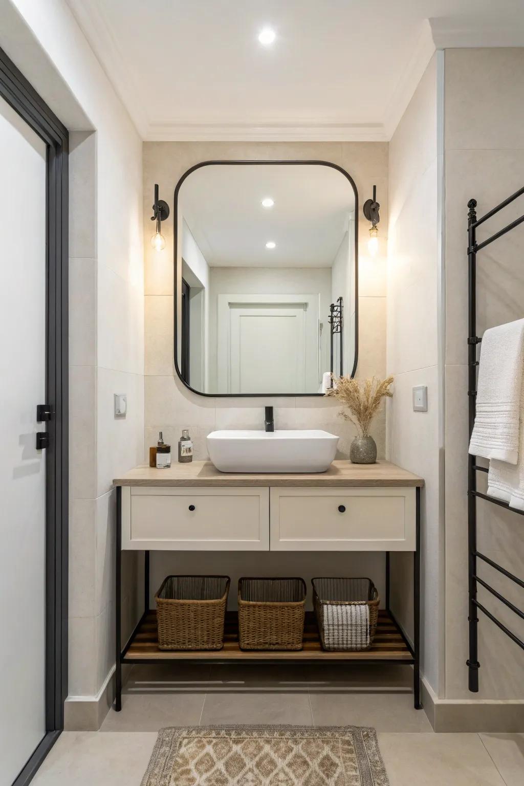 A sleek metallic-surrounded mirror complements a minimalist lavatory.