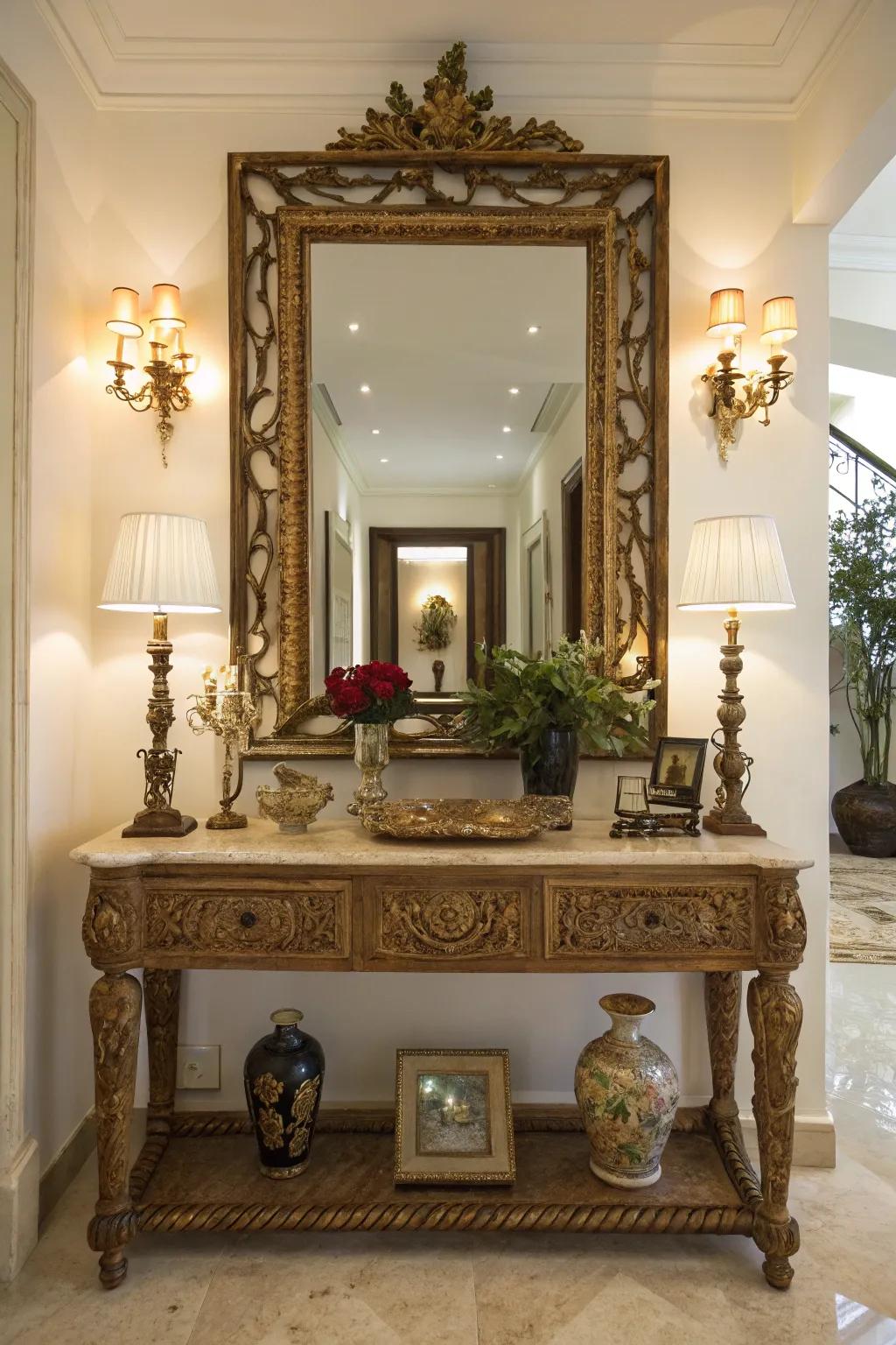 A mirror stationed in the entrance space introduces refinement and casts a hospitable glow.