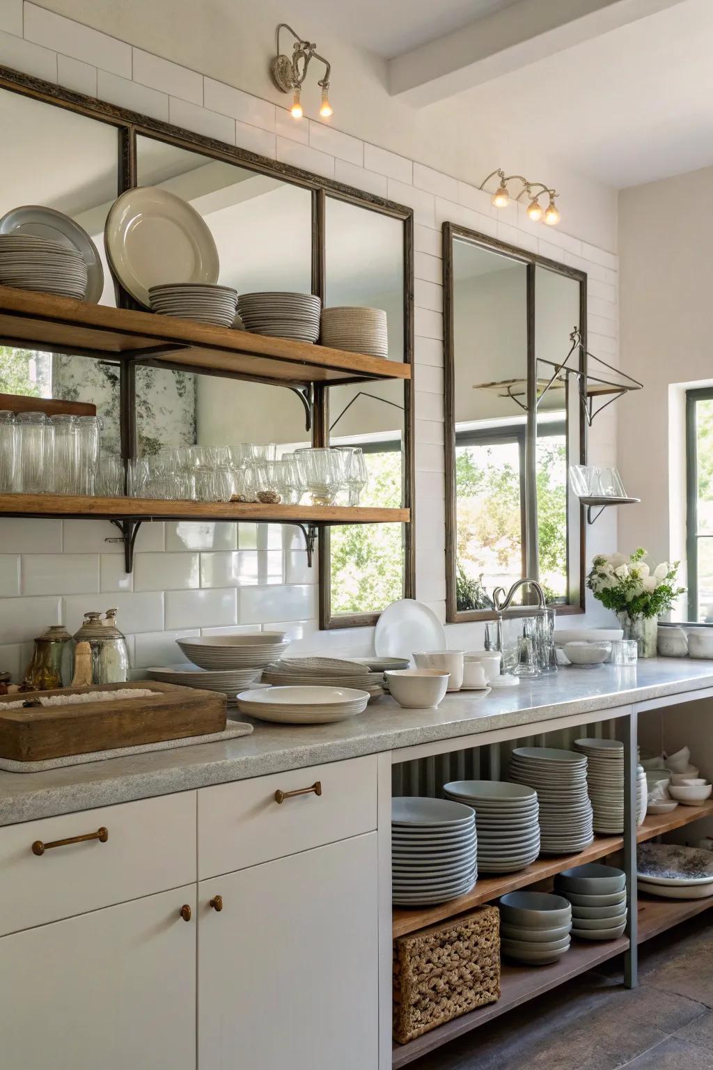 Open shelving backed with mirrors, which enhance the perception of depth and highlight the displayed dishware.