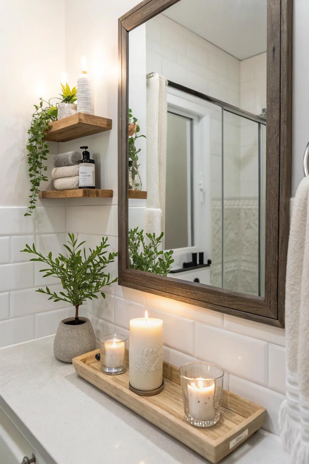 An understated mirror featuring a subtle shelf, suited to restrained decor.