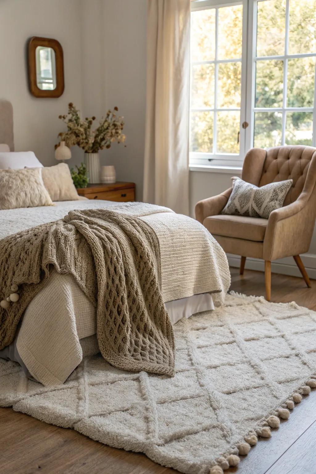 Layering textures adds depth and warmth to your bedroom.