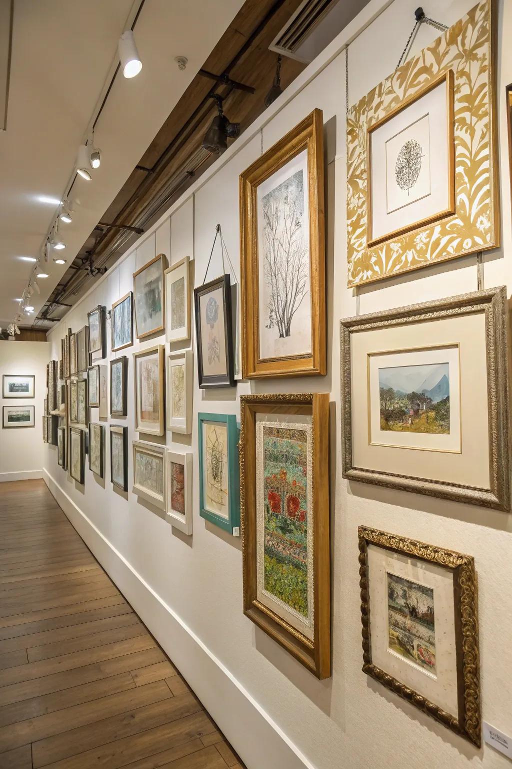 The diverse frame styles contribute to the gallery wall's charm.