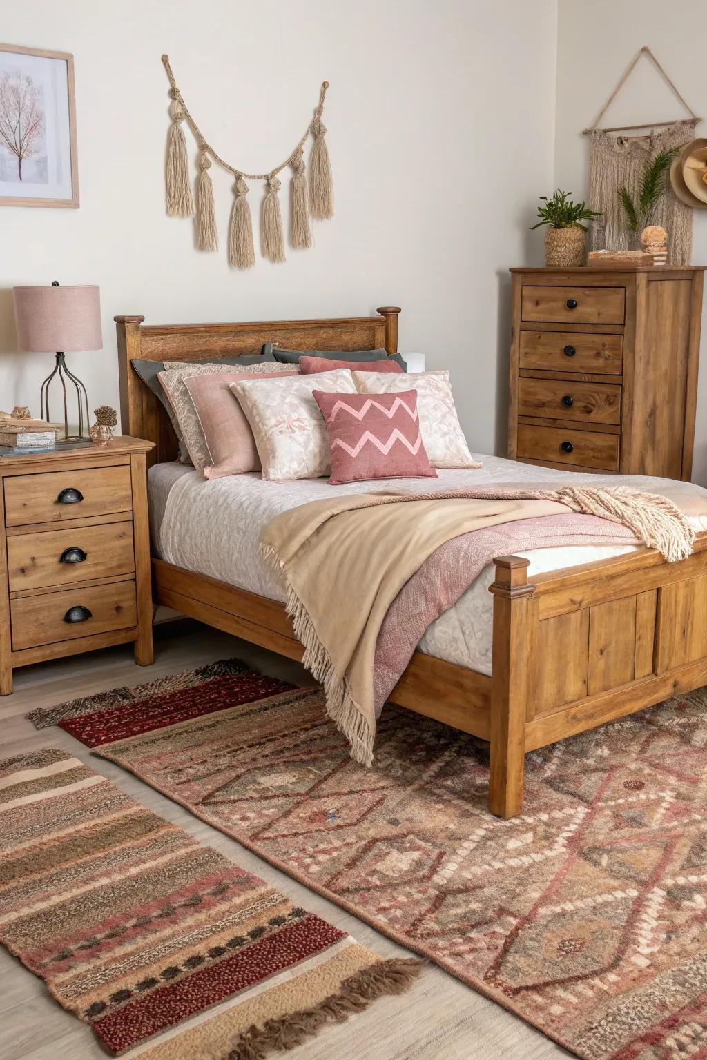 Textiles infuse warmth and soften the wooden features.
