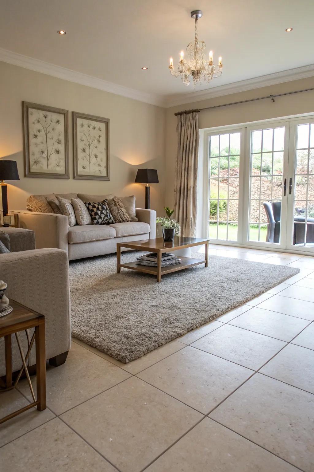 Contrasting textures between tiled and carpeted areas create an engaging visual dynamic.
