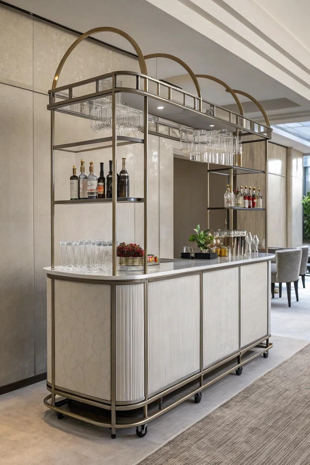 A sophisticated, contemporary mobile bar featuring clean lines and minimalist design.