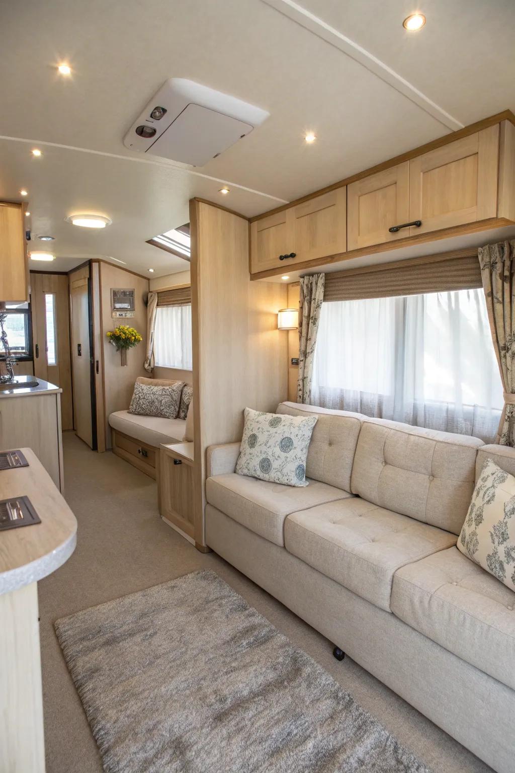 The visual space in your mobile home can be expanded with neutral hues.