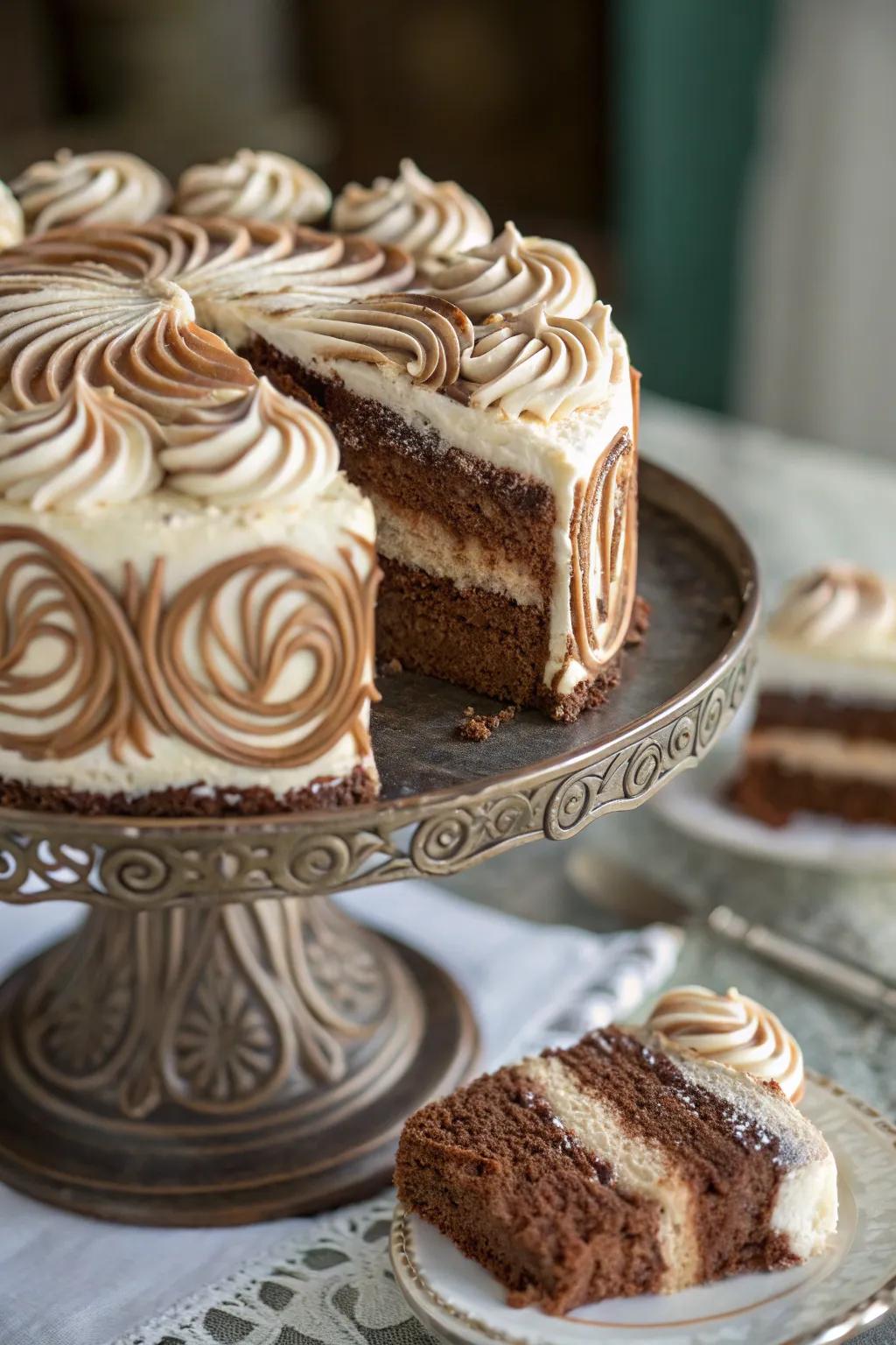 Whirled creamy topping patterns bring artistic appeal to a