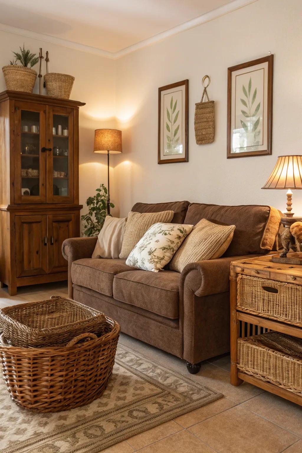 Raw materials such as timber and rattan contribute texture to the cocoa sofa arrangement.