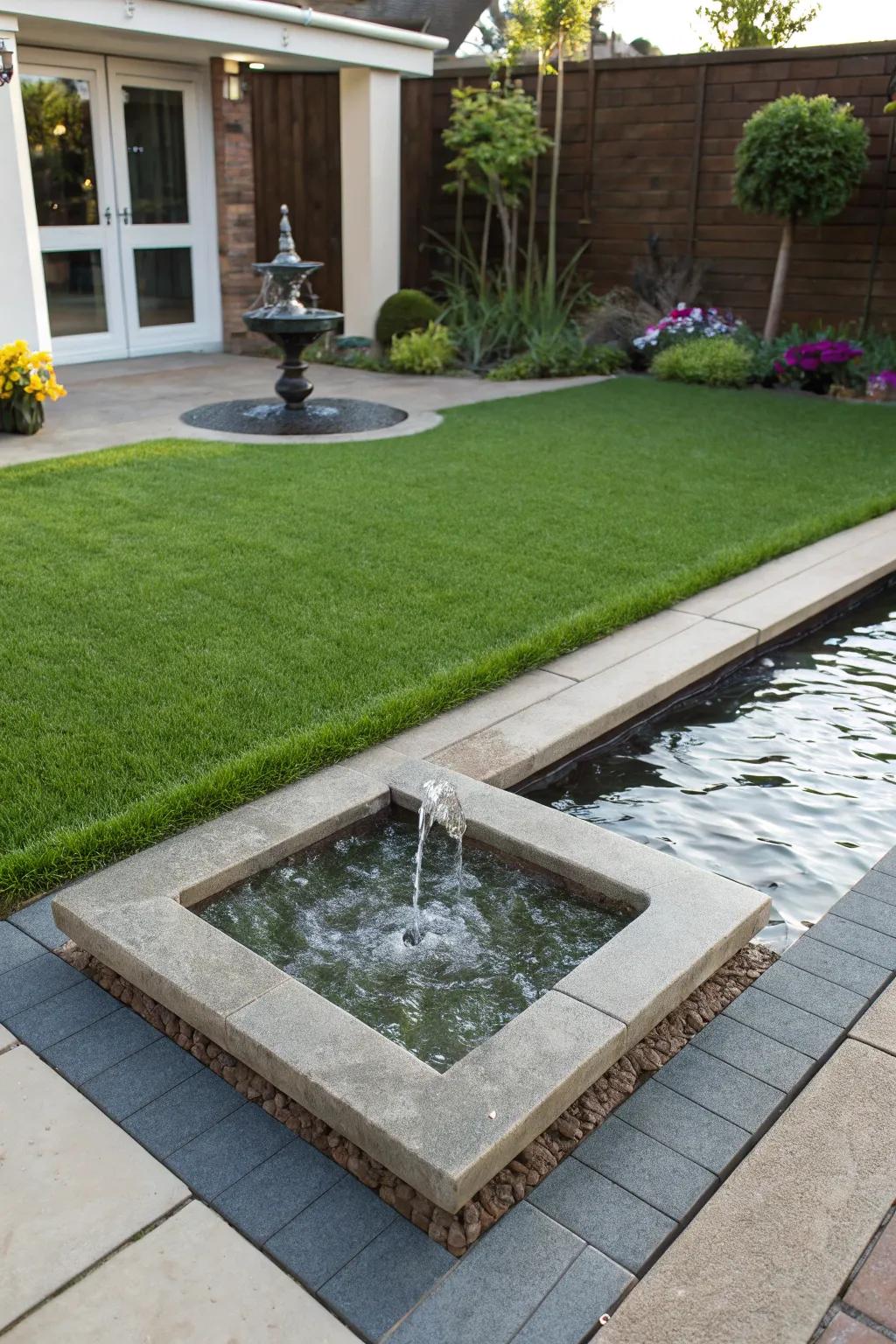 A peaceful front yard featuring artificial lawn complemented by a calming water feature.