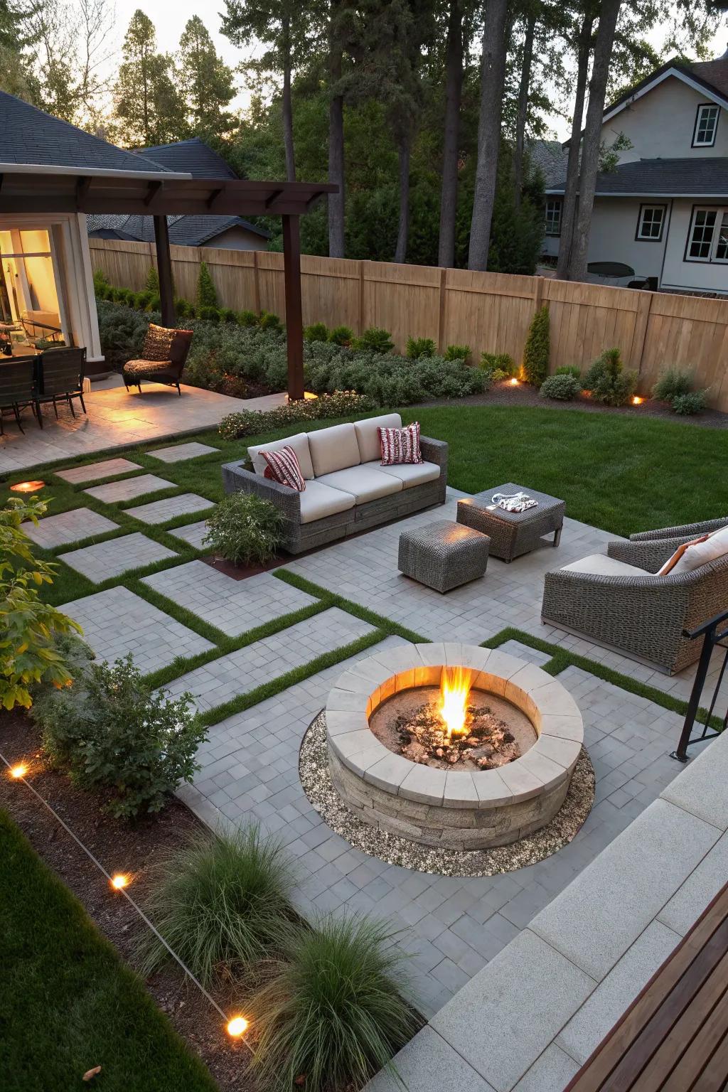A modern backyard designed around a stylish fire pit.